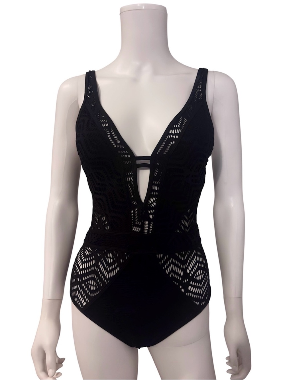 Becca By Rebecca Virtue Black Crochet One-Piece Swimsuit Womens Size Medium - Picture 2 of 9